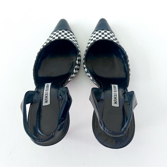 MANOLO BLAHNIK | Black White Cap Toe Woven Leather SlingBack Pointed Pumps - Picture 7 of 16